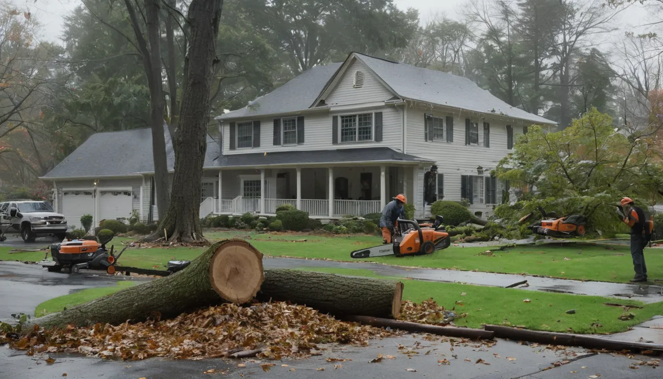 A fallen tree being safely cut and cleared from a home's yard after a storm in Morgantown